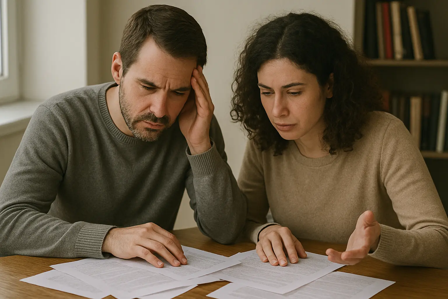 זוג יושב בבית ובוחן מסמכים משפטיים – המחשה לנושא זכויות ידועים בציבור
